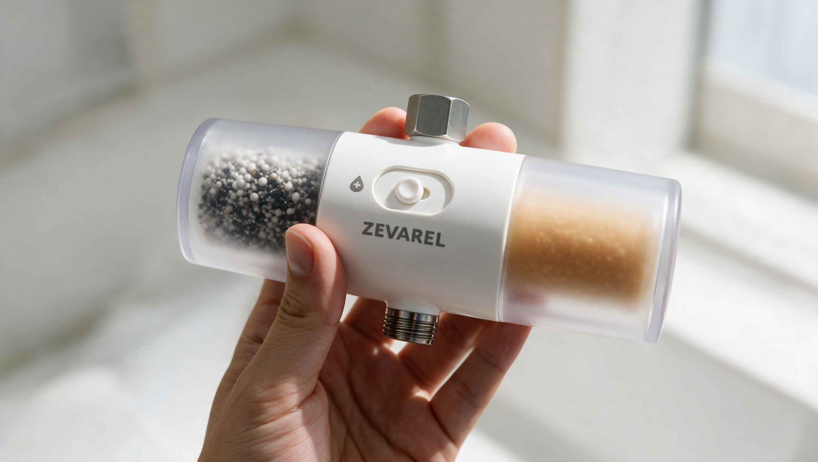 A hand holding the ZEVAREL Shower Filter
